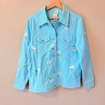 Quacker Factory Jacket Womens Small S Gingham Vintage Embroidered Floral Cotton Blue Photo 2