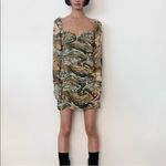 ZARA  Sheath Dress Marbled Ruched Draped Tulle Mini Khaki Green Orange Small Photo 1