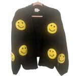 NWT Luna Ivy Puff Smiley Face Open Front Cardigan Chunky Oversize Black Size XS Yellow Photo 0