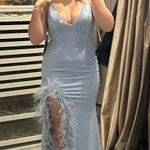 Jovani Blue Feathered Prom Dress Photo 10