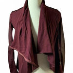 Burgundy Moto Jacket Faux Leather Sleeve Drape Front Cardigan Asymmetrical Red Size XS Photo 0