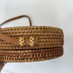 Wicker Crossbody Bag Natural Rattan Round With Canvas Lining Leather Strap Photo 5