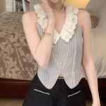 Japanese Kawaii Pastel Baby Blue Tweed White Lace Ruffle Corset Vest Blazer Top Size XS Photo 1