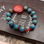 Handmade Boho Beaded Stretch Bracelet Red Floral Glass Centerpiece Blue Swirl Photo 5