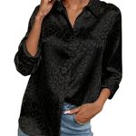 Pink Lily Black Leopard Print Satin Button Down Top Small Luxe Bohemian Photo 0
