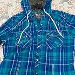 BKE Hoodie Plaid Cotton Pearl Snap shirt is a size Medium. Blue Photo 3