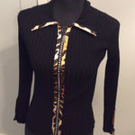 Beldini Black Ribbed Knit Rhinestone and Animal Print Zippered Top Small Photo 0