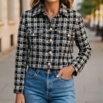 Ophelia Roe  Black White Houndstooth Tweed Cropped Jacket Gold Buttons Large NEW Photo 12