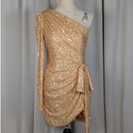 IEENA for Mac Duggal Gold Sequin One Shoulder Ruched Mini Dress Size 8 Photo 15