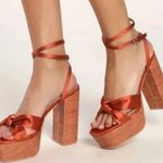 Lulu’s Lucianto Copper Satin Ankle Strap Wooden Platform Sandals SZ 6 Brown Photo 0