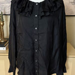 J.Crew  Collection Black Silk Ruffle Neck Button Down Shirt Size Medium Photo 0