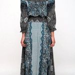 Free People  Mexicali Rose Black Blue Print Smocked Waist Slit Maxi Dress Size XS Photo 3