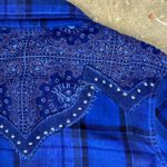 Affliction  Black Premium Women's Small Blue Plaid Western‎ Pearl Snap Shirt Photo 6