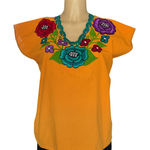 Mexican Blouse Yellow Artisanal Floral Top from Chiapas Embroidered Size L Photo 0