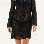 Free People  Open Knit Crochet Mini Dress Black XS Boho Festival Beach Coverup Photo 0