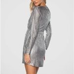 Long Sleeve Plunge V Neckline Metallic Shimmer Mini Dress Silver Size M Photo 11