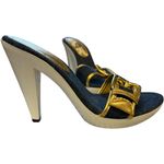 BCBGirls New BCBG Denim / Gold Buckles Mule Heels Pumps Shoes Boho Chic Y2K 70’s Size 7 Photo 1
