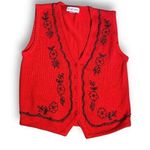 Vintage 90s Embroidered Sweater Vest Red Beaded Dark Floral Printed Knit Vneck Size M Photo 0