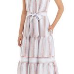 Crown & Ivy  PM sleeveless tiered midi dress square neck lined striped patriotic Photo 0