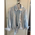 Reformation  Blue White Stripe Linen Blend Cropped Tie Front Shirt Size S‎ Photo 3