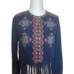 Flying Tomato Blue Faux Suede Southwestern Jacket Fringe Embroidered Small Aztec Photo 1