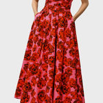 Eshakti pink red floral midi dress size small / 6 smocked full skirt feminine Photo 0