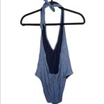 Aerie chambray blue halter tie neck deep v front one piece bathing suit. Photo 2