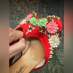 Vintage satin sequined floral evening mules, size 6 Red Photo 7