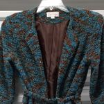Erin London Jacket Women's Medium Brown Blue Long Sleeve Fuzzy Belted Blazer Photo 2