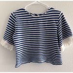 Sara Campbell Top Womens Small Blue White Stripe Cropped Scalloped Resort Coast Photo 0