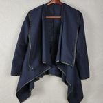 Jeykay Womens Cardigan Jacket Navy Blue Leather Trim Asymmetric Drape Open Front Size undefined Photo 0