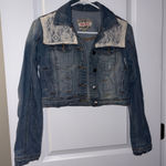 Hot Kiss Women’s Cropped  Blue Denim Jacket with Cream Lace Size: S Photo 0