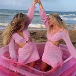 Beginning Boutique Pink Long Sleeve Crochet Dress Photo 3