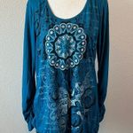 Bobbie Brooks Medallion Print Ruched Long Sleeve TShirt Blue Size 1X Photo 0