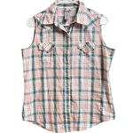 Wrangler Wrancher Shirts Women's Medium Sleeveless Pearl Snap Pink Blue White Photo 0