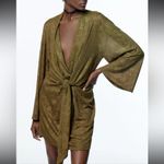 ZARA  NWT floral jacquard khaki green mini dress long sleeve Front knot with ties Photo 4