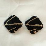 Super Mod Vintage Statement Pierced Earrings Gold W Black Enamel Photo 2