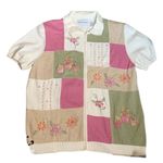 Vintage 90s Embroidered Cardigan Oatmeal Patchwork Light Pink Floral Knit Zipper Size M Photo 6