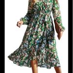 Pretty Garden Flower Floral Long Sz XL Long Sleeve Flowy Dress Boho Chic #44 Green Photo 1