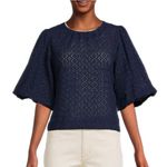 joe's jeans Joe’s Women Small Navy Blue Cotton Eyelet Flare Puff Sleeve Round Neck Blouse Photo 11