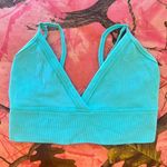 neon bright blue teal v neck ribbed sports bra Photo 4
