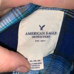 American Eagle blue tartan plaid flannel M boyfriend fit button down shirt Photo 2