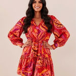Farm Rio NWT Banana Juice Mini in Red Orange Puff Sleeve Cotton Dress S $195 Photo 0
