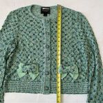 St. John Couture Green Teal Tweed Knit Jacket Blouse with Bows Size L Photo 3