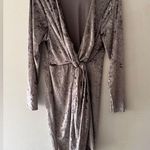 Club L London Silver Gray Velvet Shimmery Wrap Knot Mini Dress Long Sleeves Size 16 Photo 0