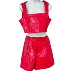 7 For All Mankind Hot Pink Vegan Leather Crocodile Crop Top Shorts Set M NEW Tag Photo 1