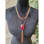 NY Women's Gold Chain Necklace Red Stone Pendant With Tassel And Lobster Claw Photo 1