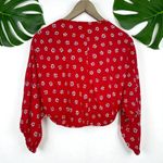 ZARA Red Daisy Floral Print Tie-Front Linen Blend Cropped Blouse Photo 5