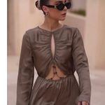 ZARA NEW Khaki Olive Green Silky Satin Cutout Long Sleeve Midi Maxi Dress Sz XS Photo 12