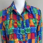 Vintage 100% Silk Blouse Colorful Abstract Geometric Print Button Down Sz M LS Blue Size M Photo 2